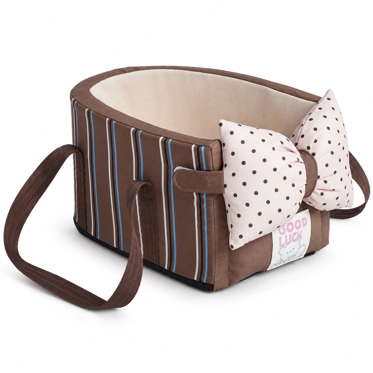 Coffee Stripe console dog car seat and carrier with brown handles and a pale blush dotted bow cushion