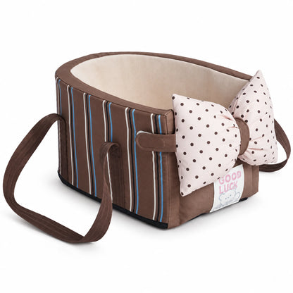 Coffee Stripe console dog car seat and carrier with brown handles and a pale blush dotted bow cushion