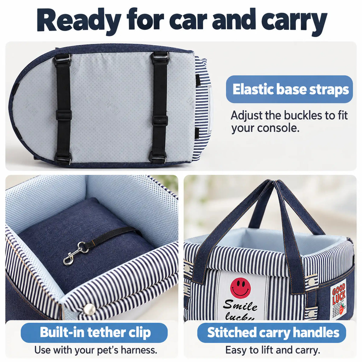 Underside elastic base straps, internal tether clip and stitched carry handles on the denim console pet bed