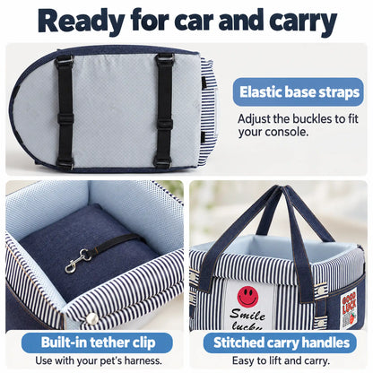 Underside elastic base straps, internal tether clip and stitched carry handles on the denim console pet bed