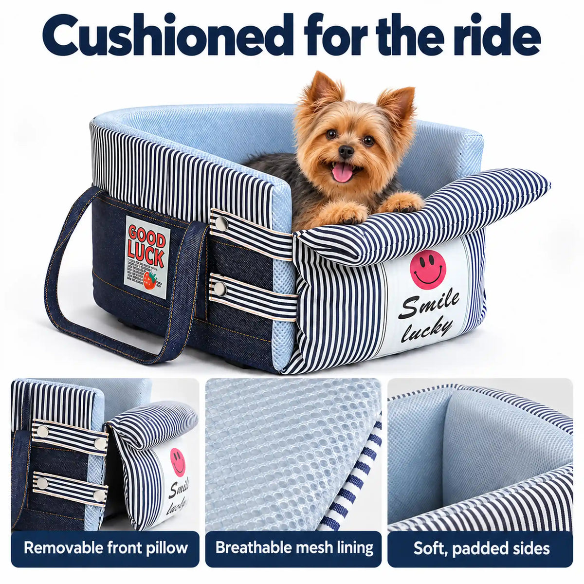 Denim dog car seat with Yorkshire Terrier and close-ups of removable front pillow, mesh lining and padded sides