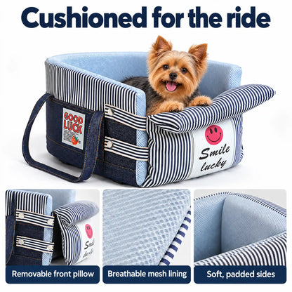 Denim dog car seat with Yorkshire Terrier and close-ups of removable front pillow, mesh lining and padded sides