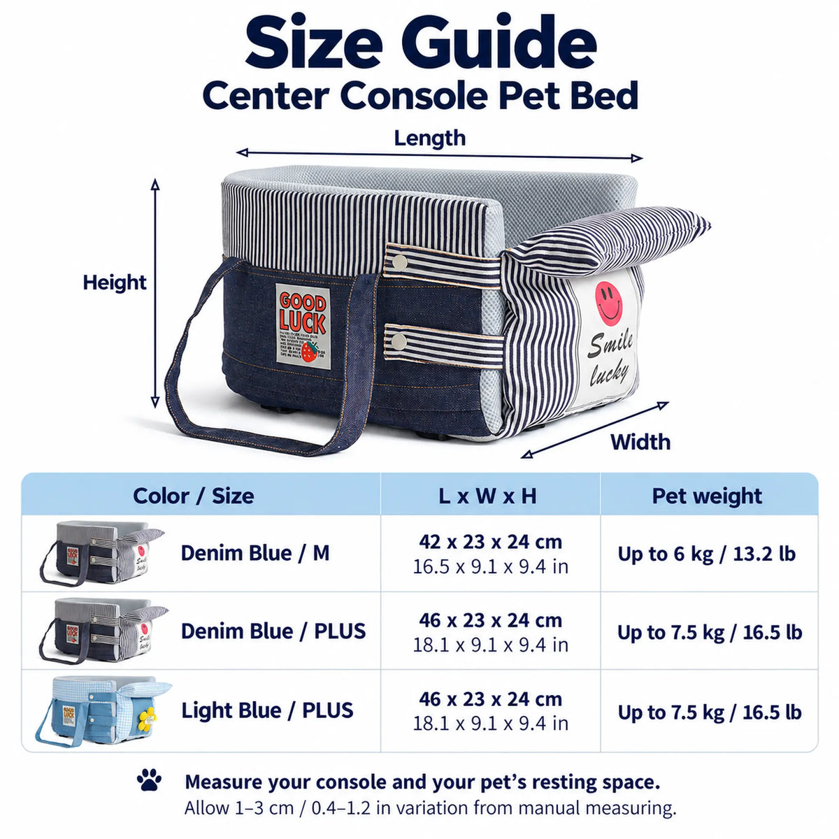 Center console pet bed size guide for Denim Blue M and PLUS and Light Blue PLUS, with cm, inch and pet weight values