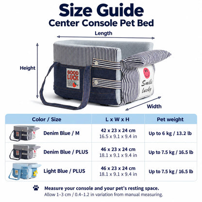 Center console pet bed size guide for Denim Blue M and PLUS and Light Blue PLUS, with cm, inch and pet weight values