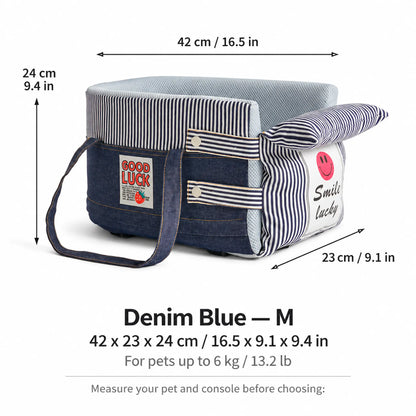 Denim Blue M console dog car seat with dimensions 42 x 23 x 24 cm, for pets up to 6 kg