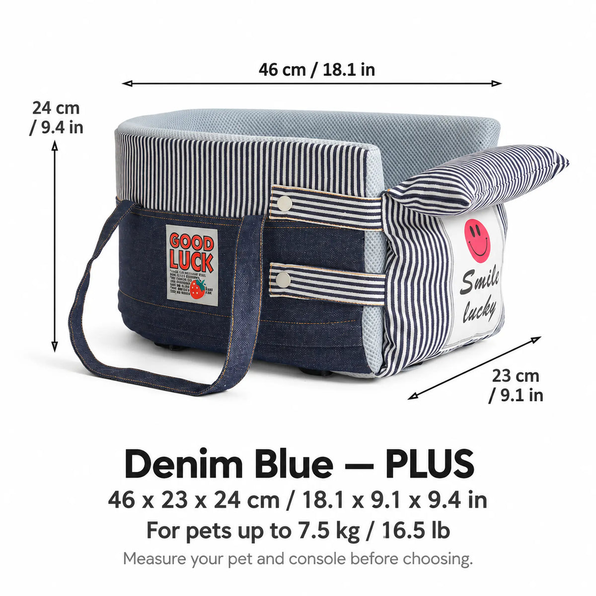 Denim Blue PLUS console dog car seat with dimensions 46 x 23 x 24 cm, for pets up to 7.5 kg