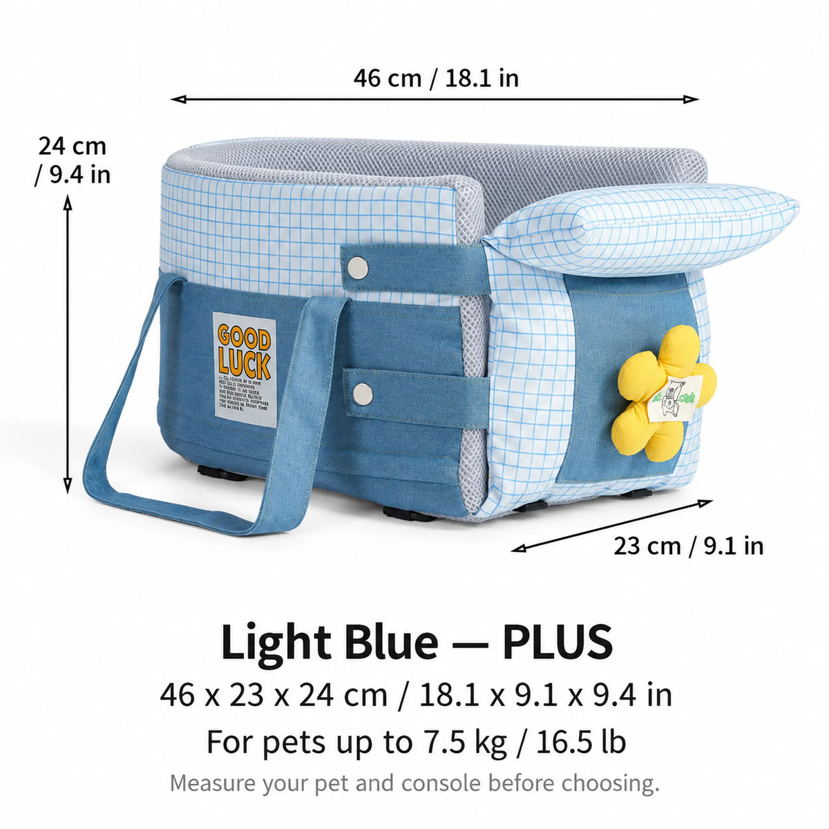 Light Blue PLUS console dog car seat with check trim and yellow flower, measuring 46 x 23 x 24 cm