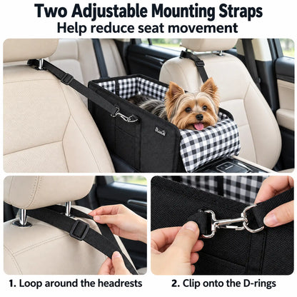 Yorkshire Terrier in a console seat with steps for looping headrest straps and clipping the D-rings.