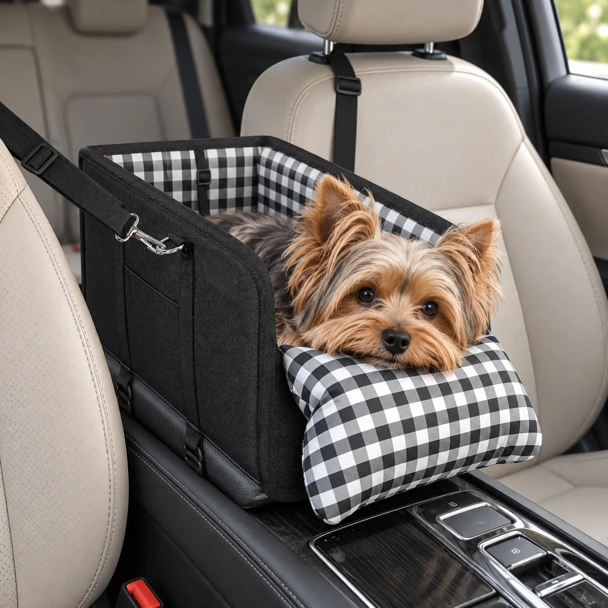 Yorkshire Terrier resting in a black gingham-lined dog seat on a car center console.