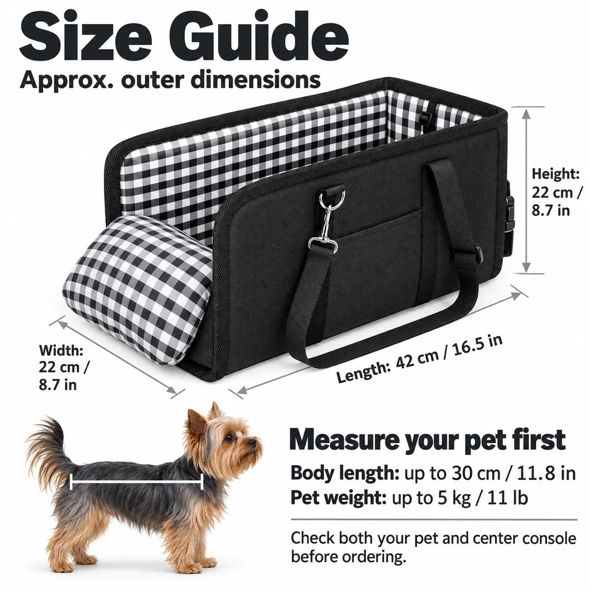 Console dog seat size guide: 42 by 22 by 22 cm, with pet body length up to 30 cm and weight up to 5 kg.