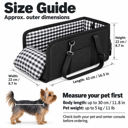 Console dog seat size guide: 42 by 22 by 22 cm, with pet body length up to 30 cm and weight up to 5 kg.