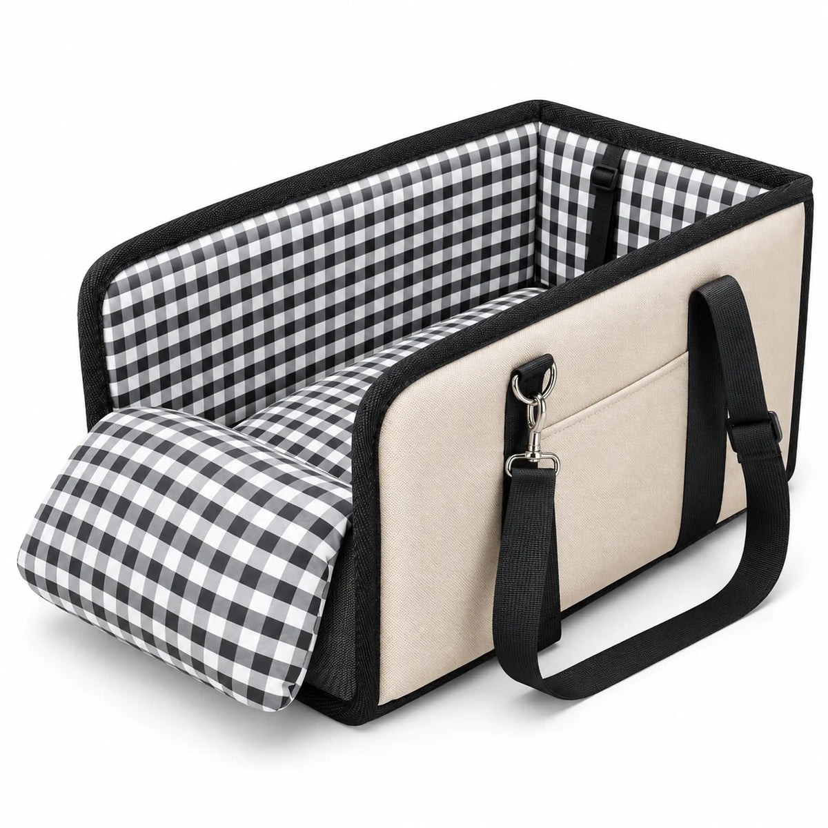 Beige console dog car seat with black trim, gingham padding and carry handles.