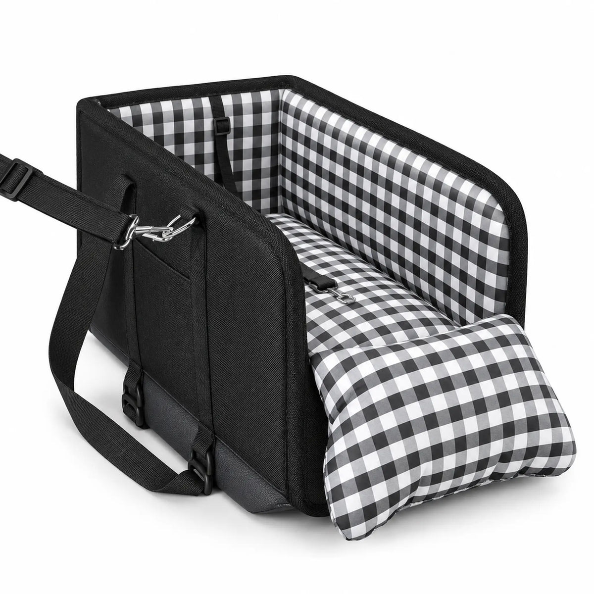 Black console dog car seat with gingham lining, a removable cushion and metal strap clips.