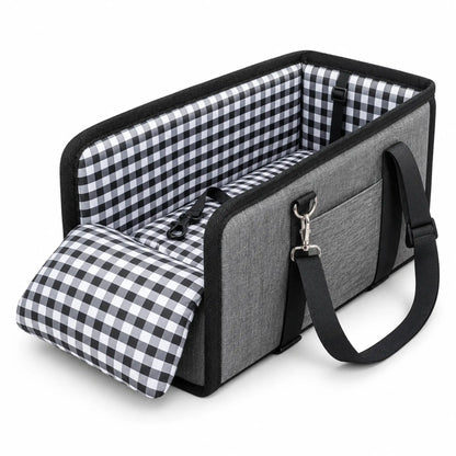 Gray Oxford fabric console dog car seat with gingham lining and a padded front rest.