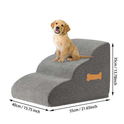Golden Retriever puppy resting on a gentle slope 3-step high-density foam pet ramp with a bone-shaped side pocket.