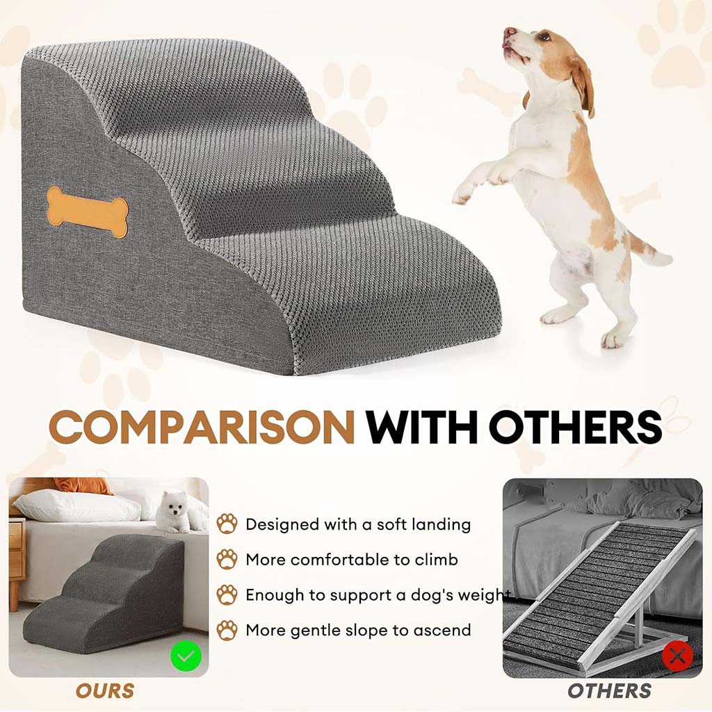 Infographic comparing the soft landing and gentle slope of PawsMore foam dog stairs against steep, rigid wooden pet ramps.