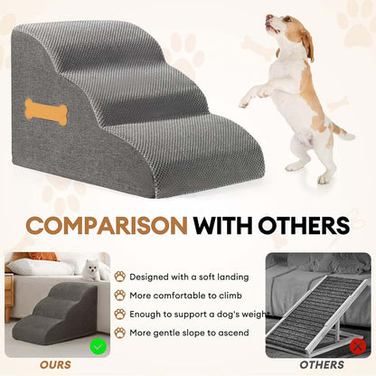 Infographic comparing the soft landing and gentle slope of PawsMore foam dog stairs against steep, rigid wooden pet ramps.