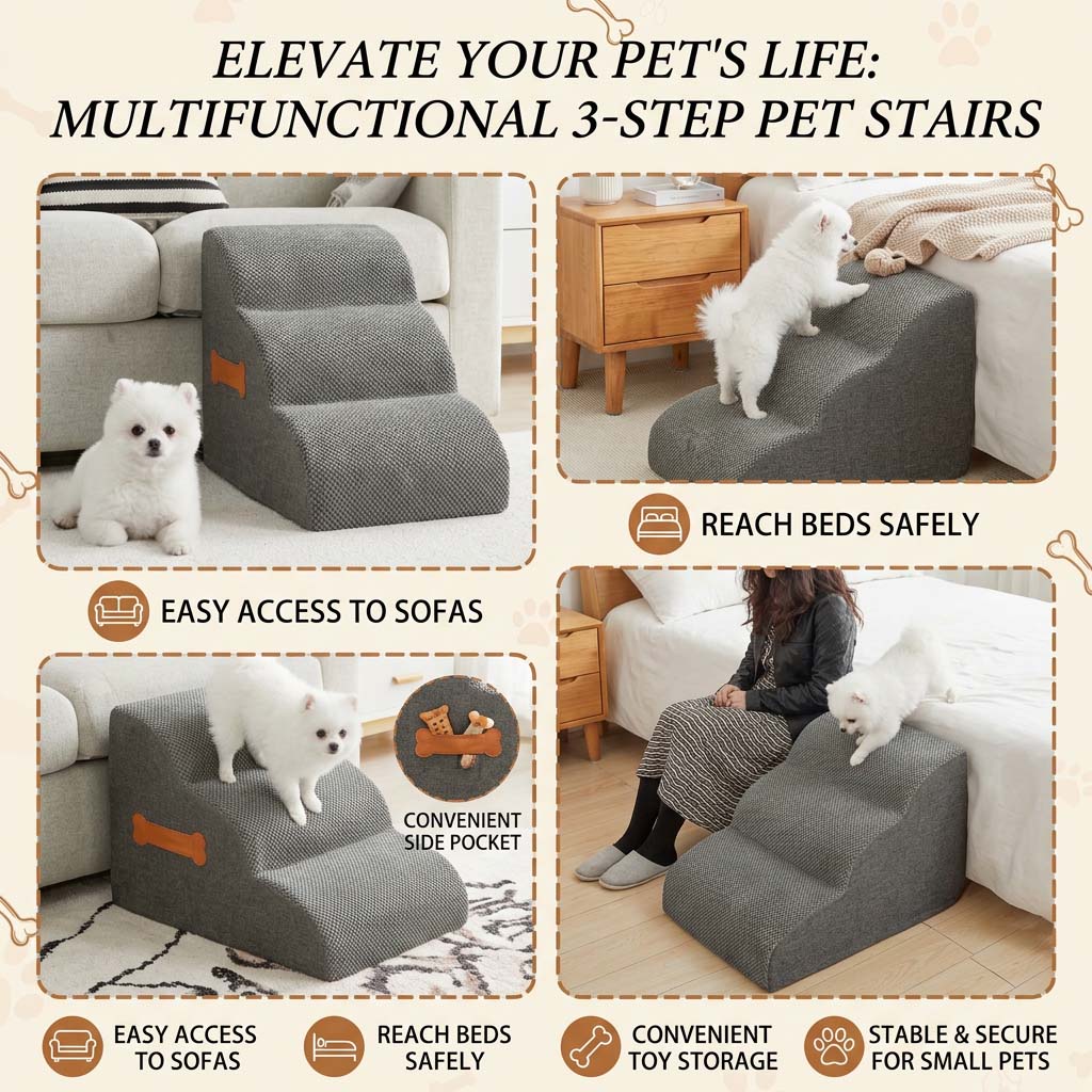 Collage showing a small white dog using aesthetic grey pet stairs to effortlessly reach a bed and sofa, highlighting the side pocket.