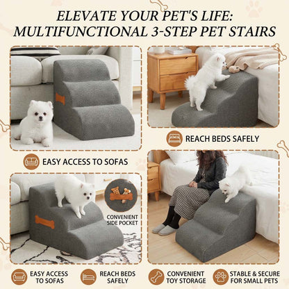 Collage showing a small white dog using aesthetic grey pet stairs to effortlessly reach a bed and sofa, highlighting the side pocket.