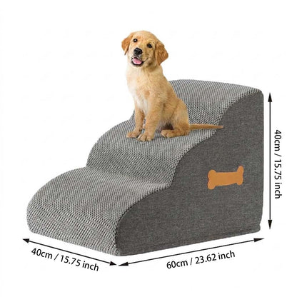 Golden retriever puppy sits on gray orthopedic foam dog stairs and gentle pet ramp, shown on a white background with size markings.