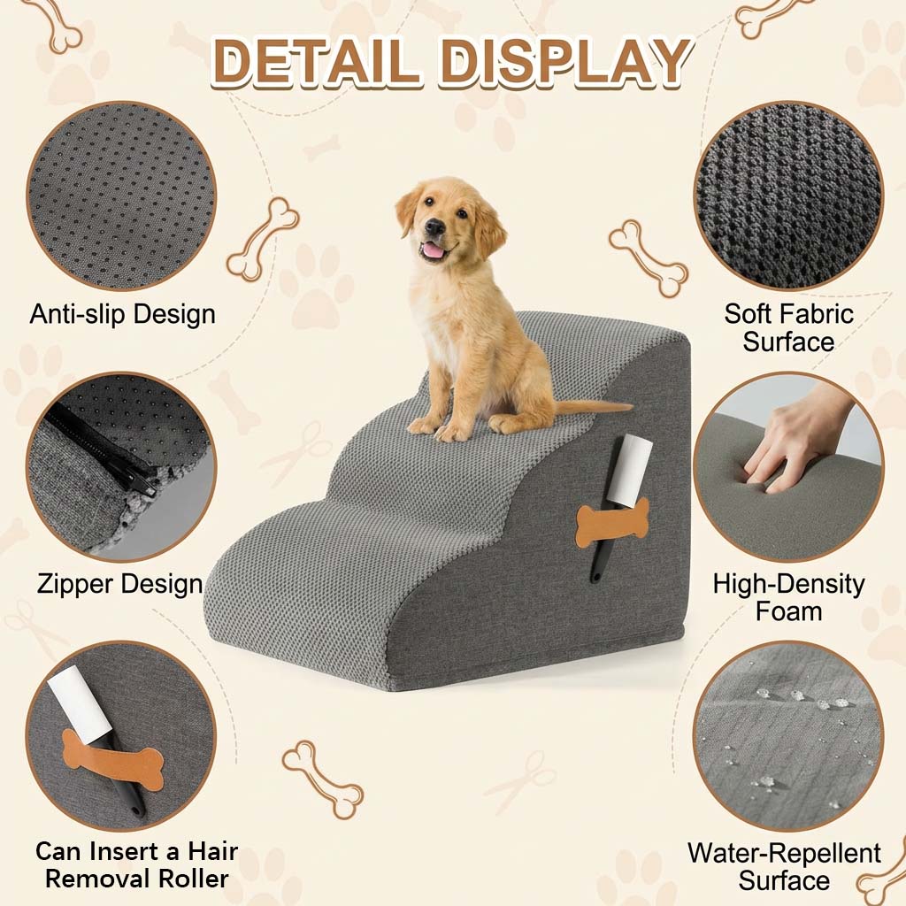 Detailed display of pet stair features including an anti-slip base, smooth zipper, water-repellent fabric, high-density foam, and a lint roller pocket.