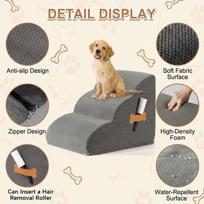 Detailed display of pet stair features including an anti-slip base, smooth zipper, water-repellent fabric, high-density foam, and a lint roller pocket.