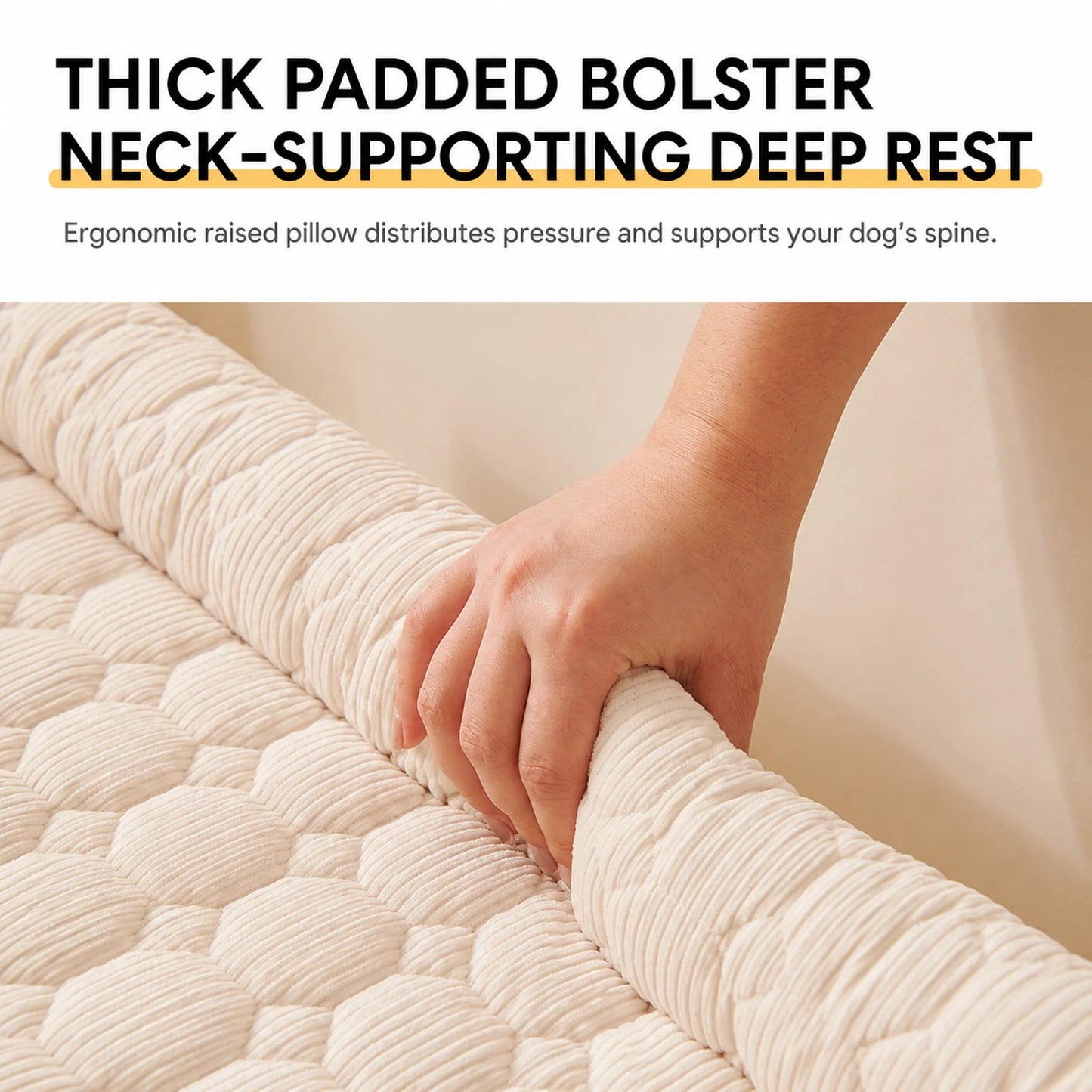 Hand pressing the thick padded bolster pillow showing soft fill