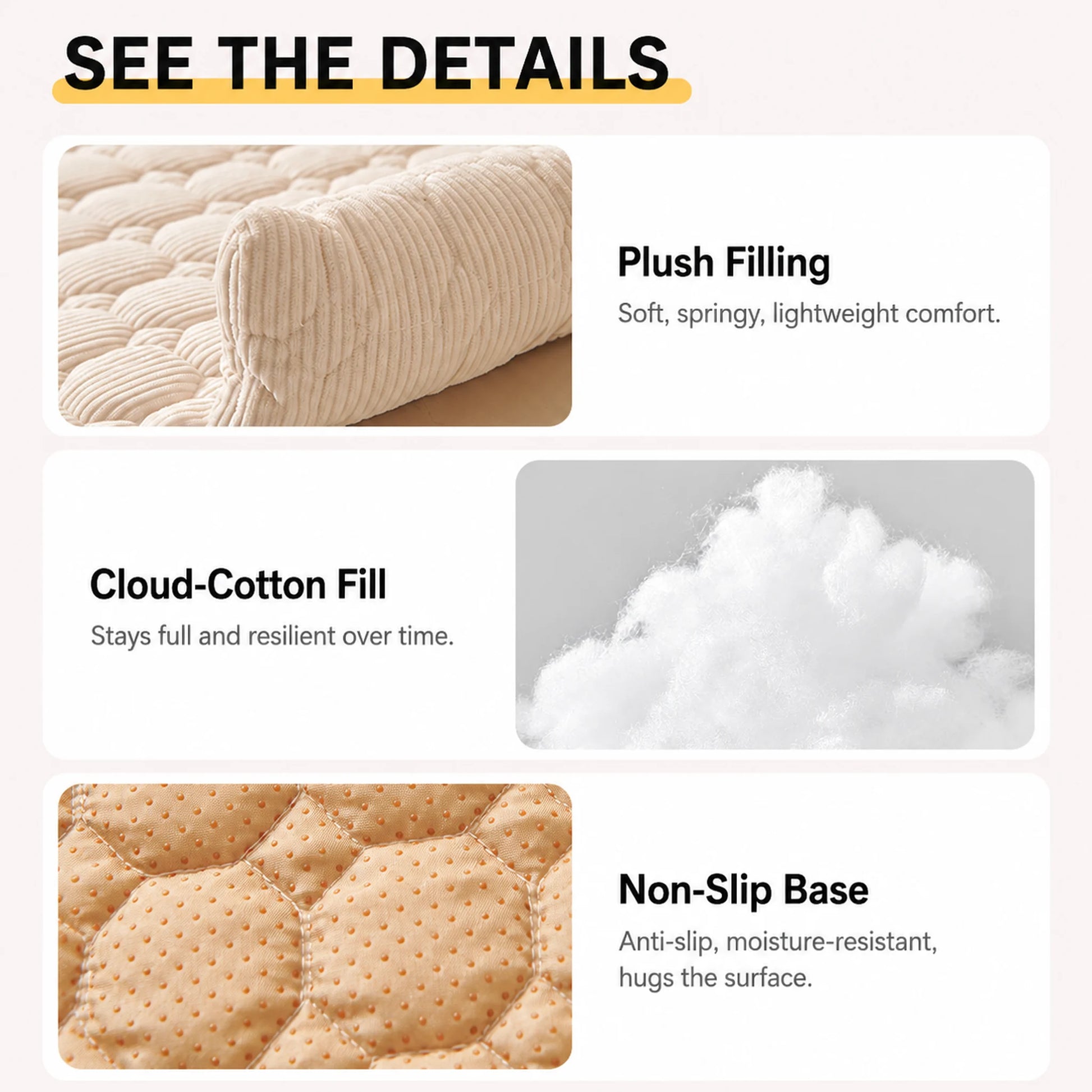 Three-panel detail callouts of plush filling, cloud-cotton fill, and non-slip base