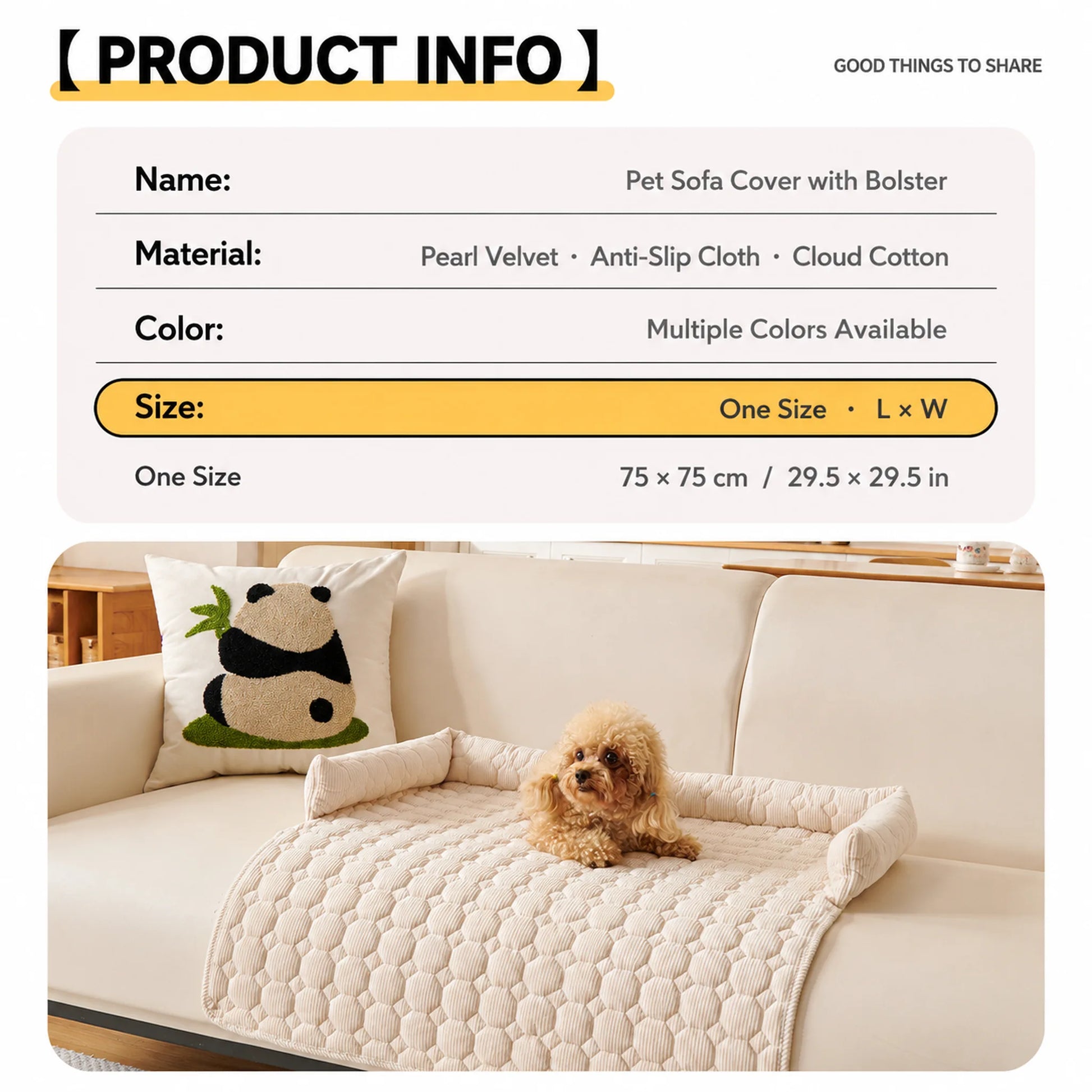 Product info card showing materials and 75 by 75 cm size