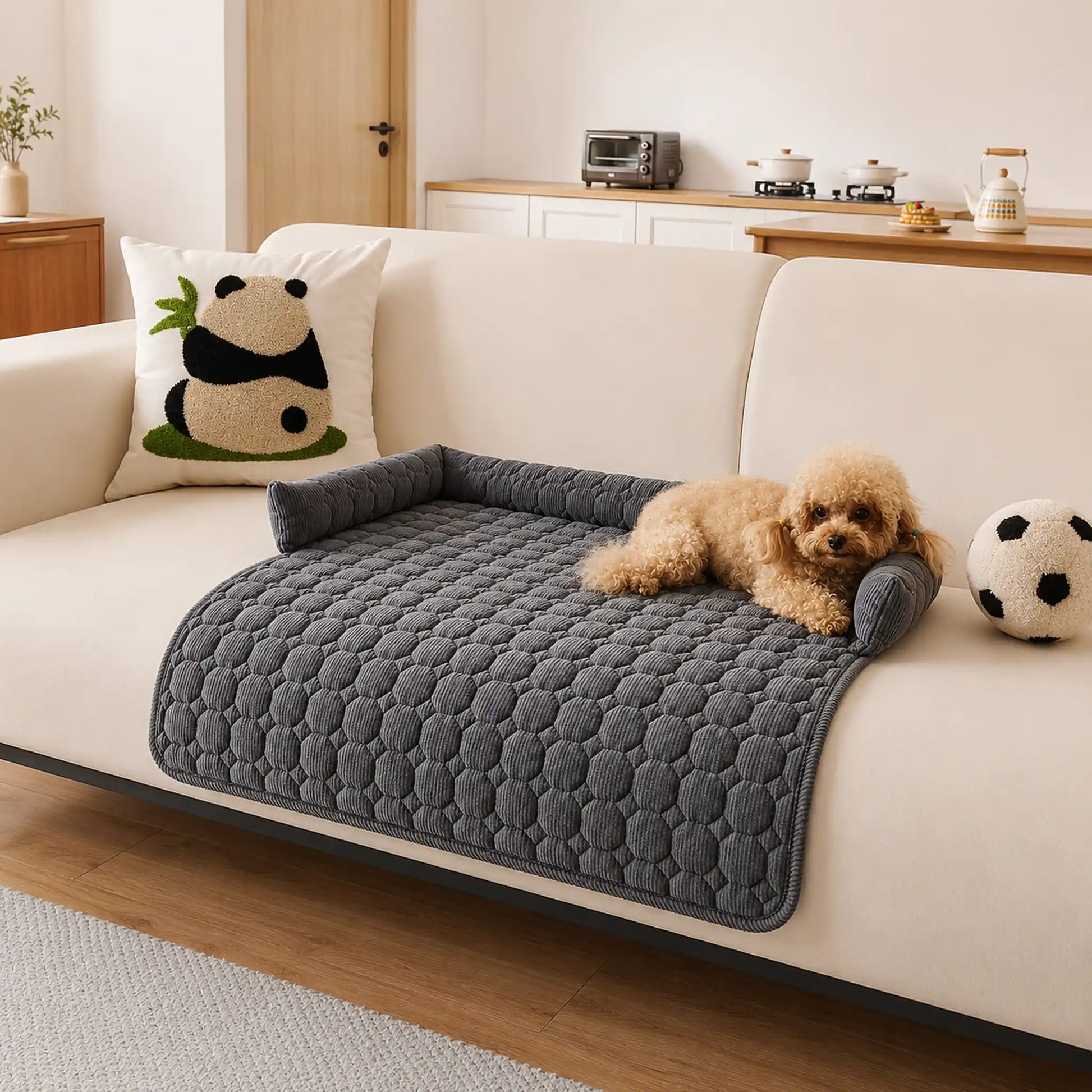 Dark-gray pet sofa cover with bolster on a beige couch, toy poodle resting beside a plush ball