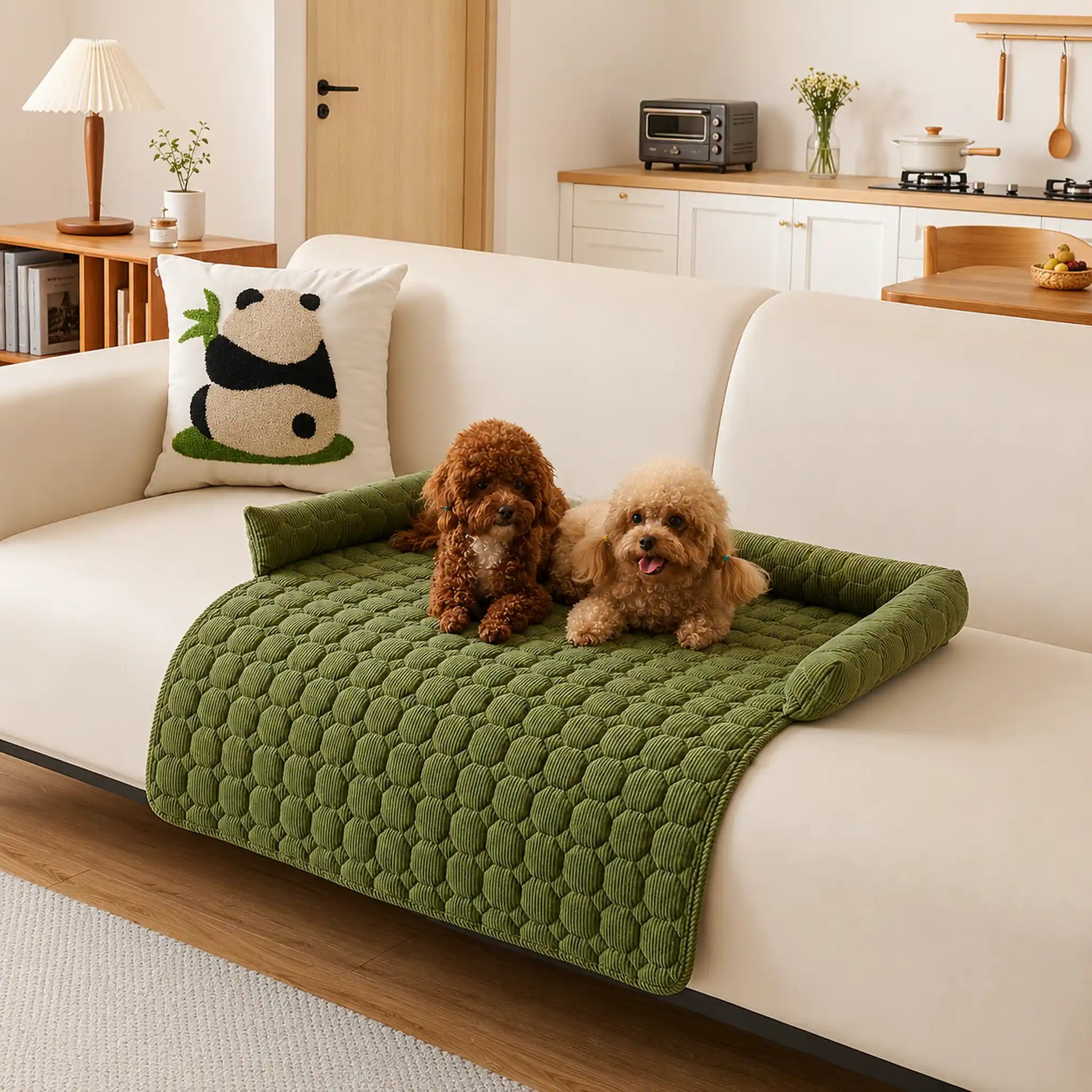 Olive-green pet sofa cover with bolster, two toy poodles resting together