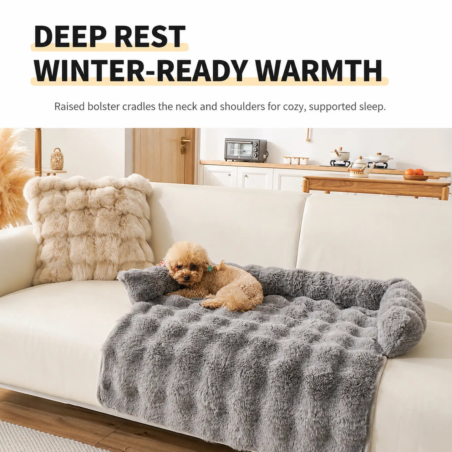 Gray faux-fur pet sofa cover with toy poodle resting in cozy warm sleep