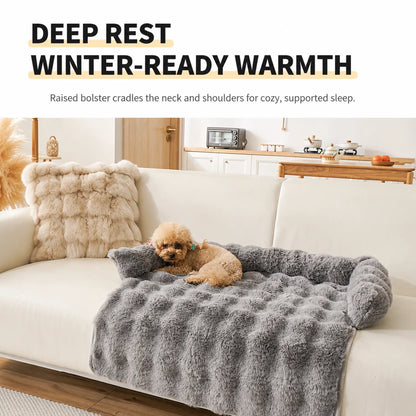 Gray faux-fur pet sofa cover with toy poodle resting in cozy warm sleep
