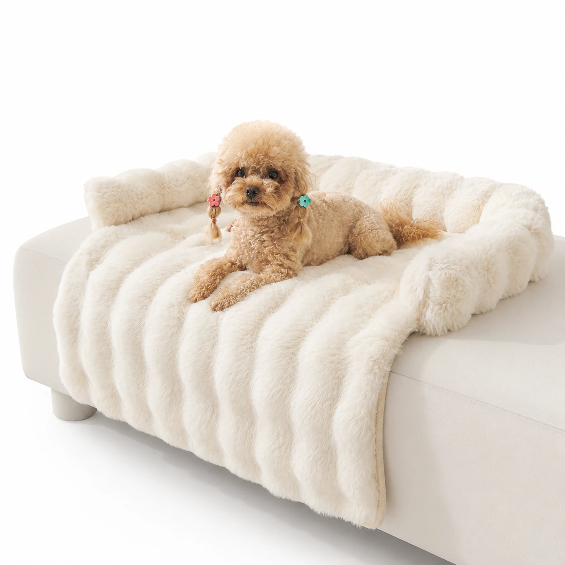 Cream long-pile faux-fur pet sofa cover with bolster on a white couch, toy poodle resting on top