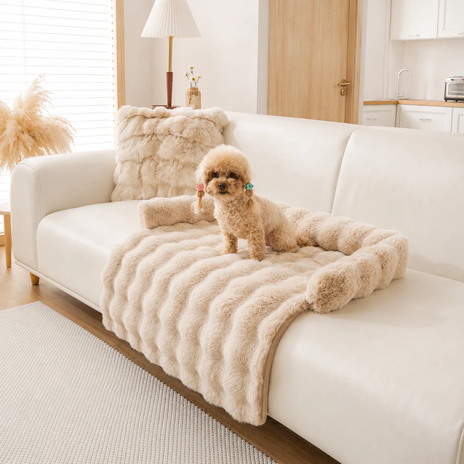 Beige faux-fur pet sofa cover with bolster on a beige couch, toy poodle on it
