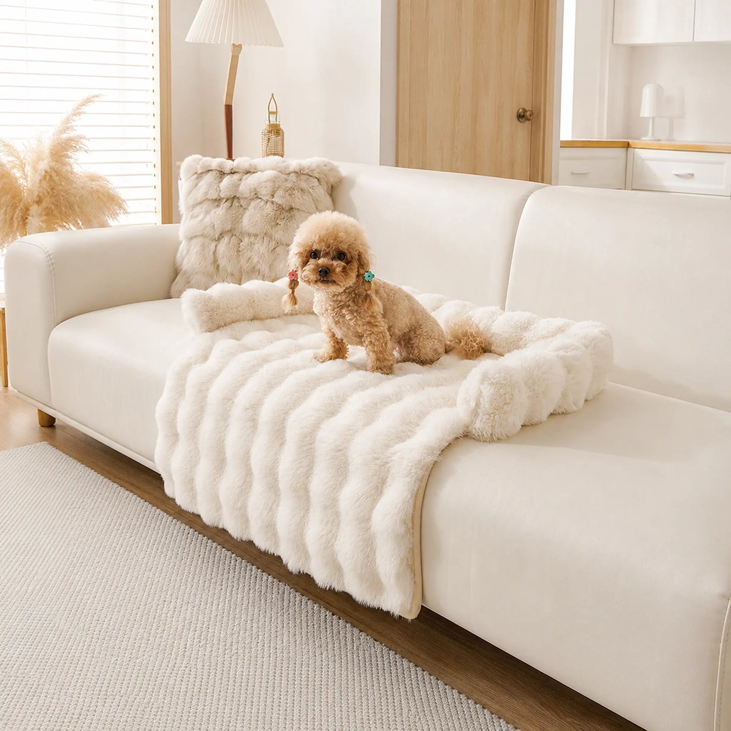 Cream faux-fur pet sofa cover with bolster on a beige couch, toy poodle lying on it