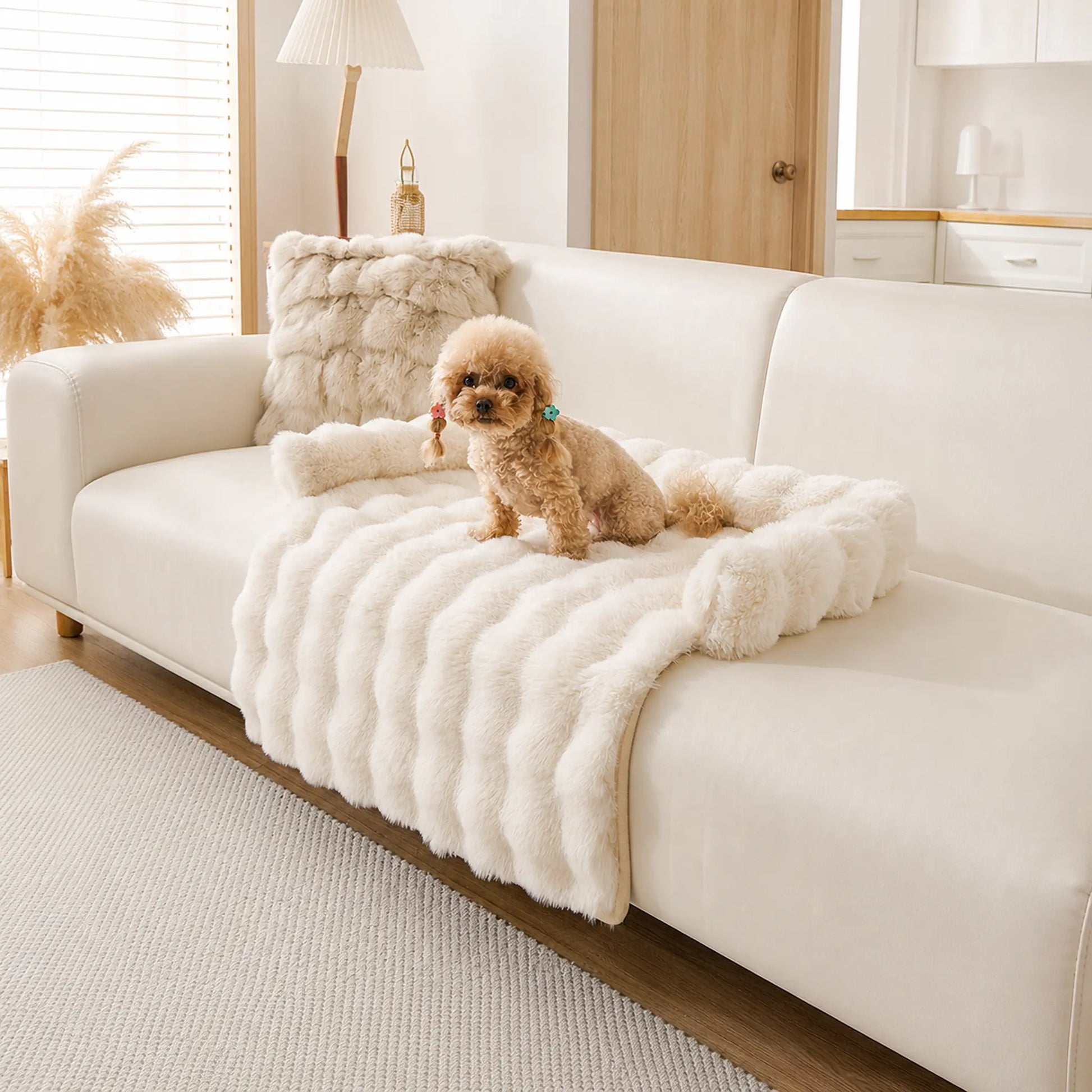 Cream faux-fur pet sofa cover with bolster on a beige couch, toy poodle lying on it