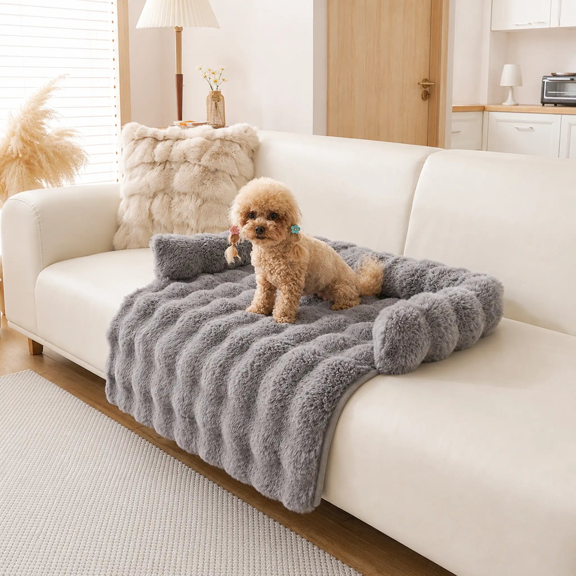 Gray faux-fur pet sofa cover with bolster on a beige couch, toy poodle resting on it