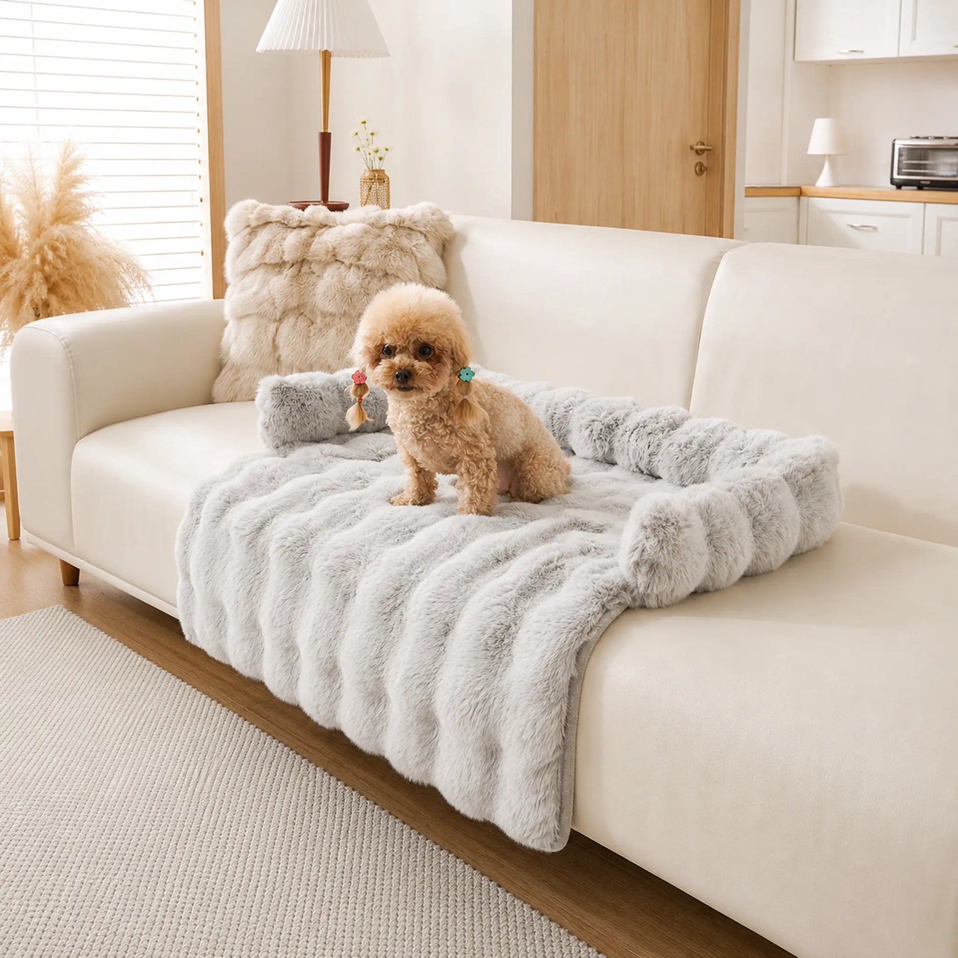 Silver-gray frosted faux-fur pet sofa cover with bolster, toy poodle resting on it