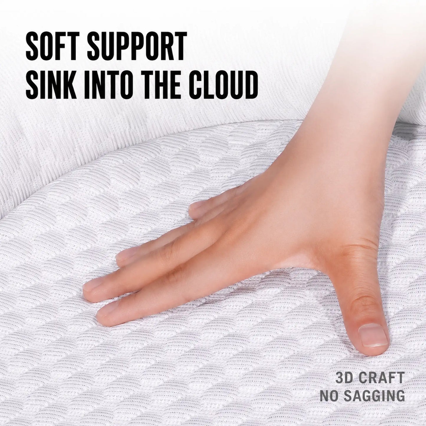 Hand pressing the 3D ice-bead mesh fabric showing soft support, no sagging