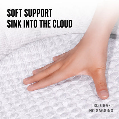 Hand pressing the 3D ice-bead mesh fabric showing soft support, no sagging
