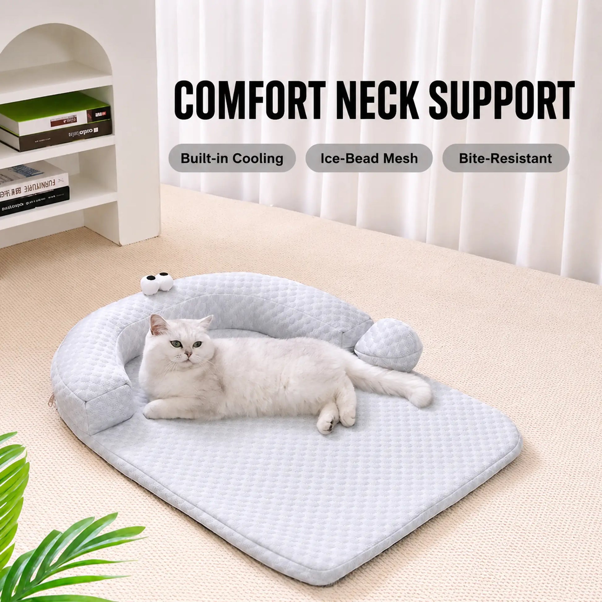 Gray ice-bead cooling pet bed with British Shorthair cat — built-in cooling, ice-bead mesh, bite resistant