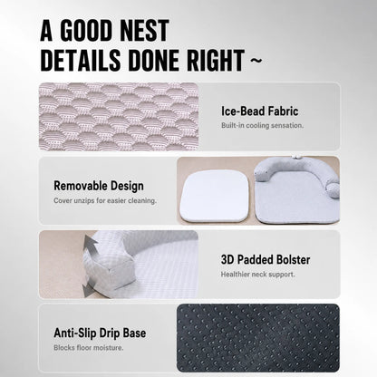 Four-panel detail callouts: ice-bead fabric, removable design, padded bolster, anti-slip base