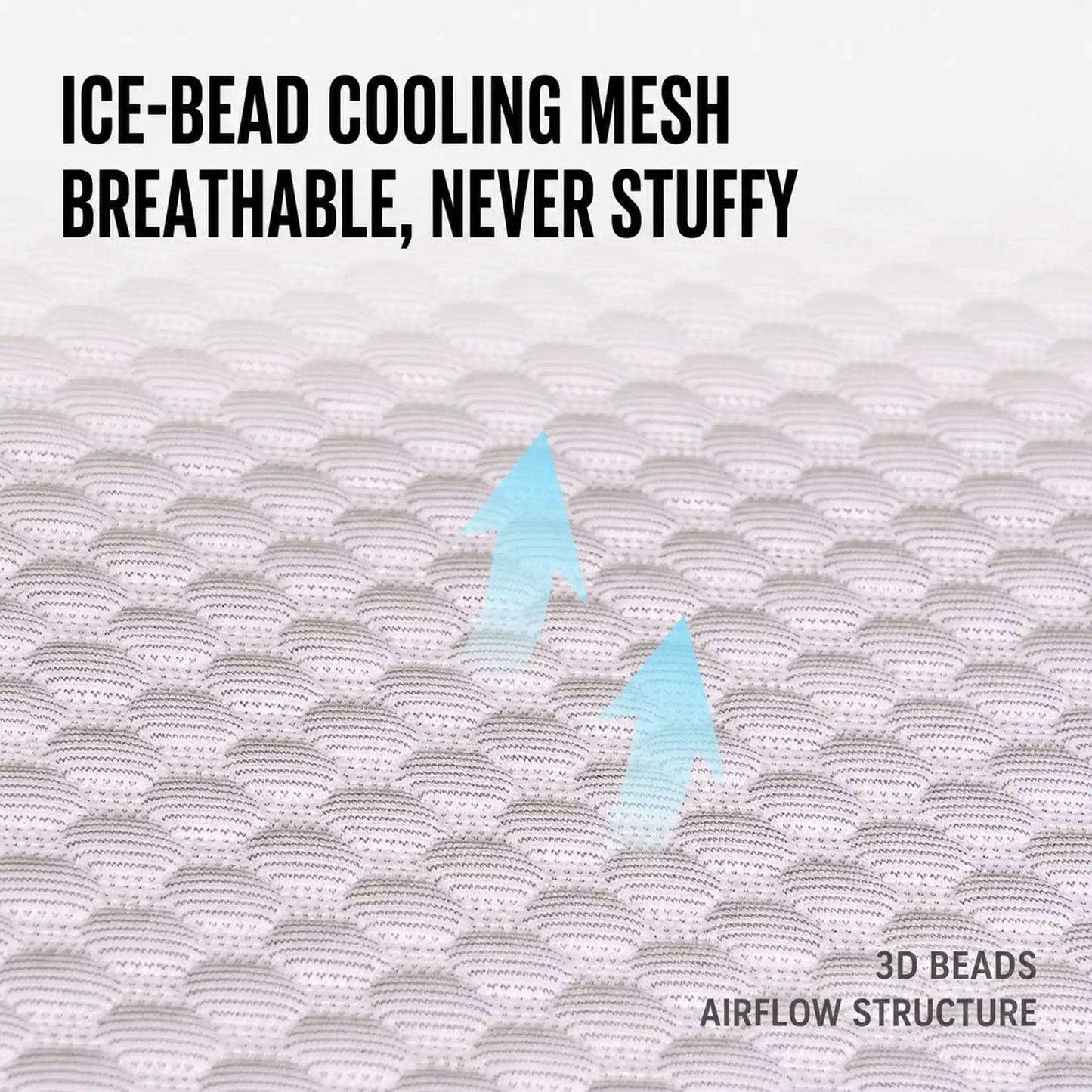 3D ice-bead cooling mesh fabric closeup with airflow arrows
