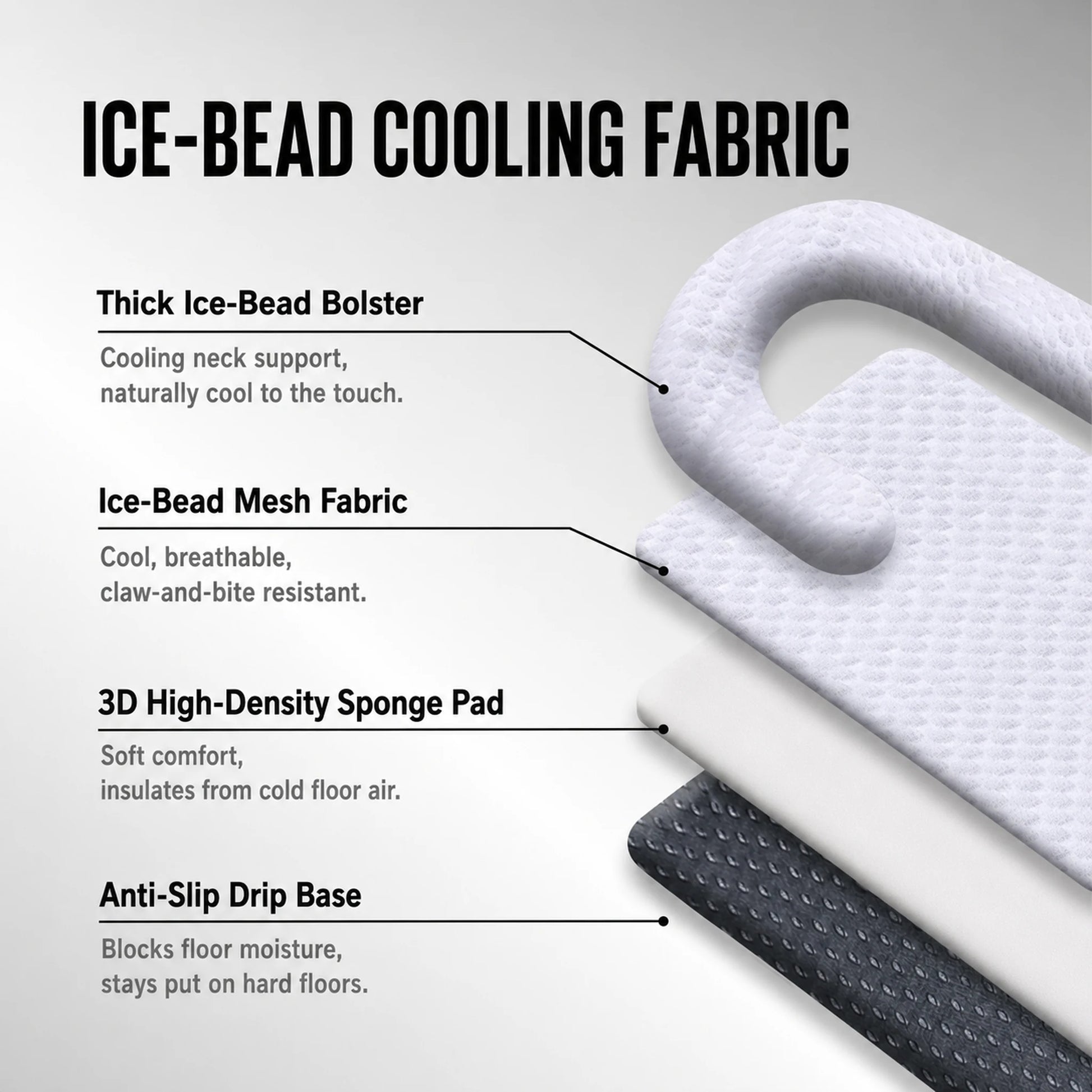 Four-layer material breakdown of the ice-bead cooling pet bed