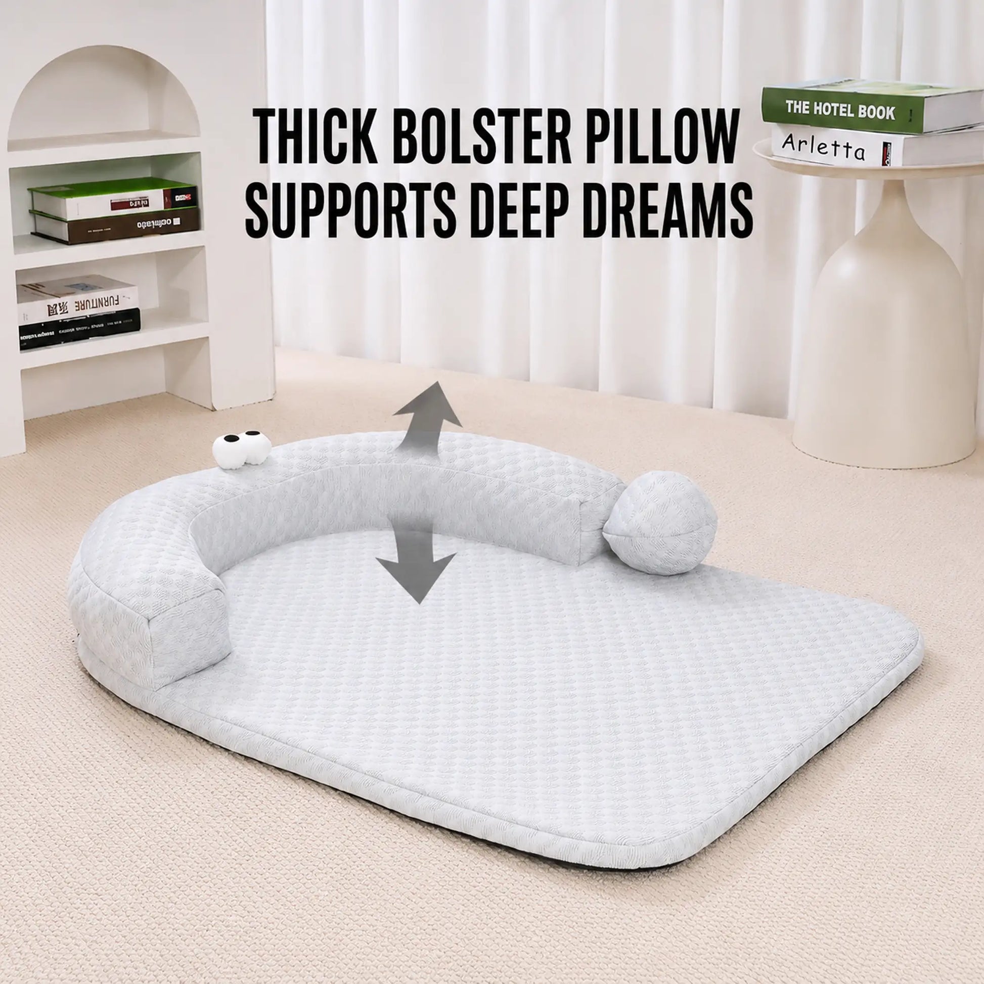 Gray ice-bead pet bed showing the thick raised C-shaped bolster pillow