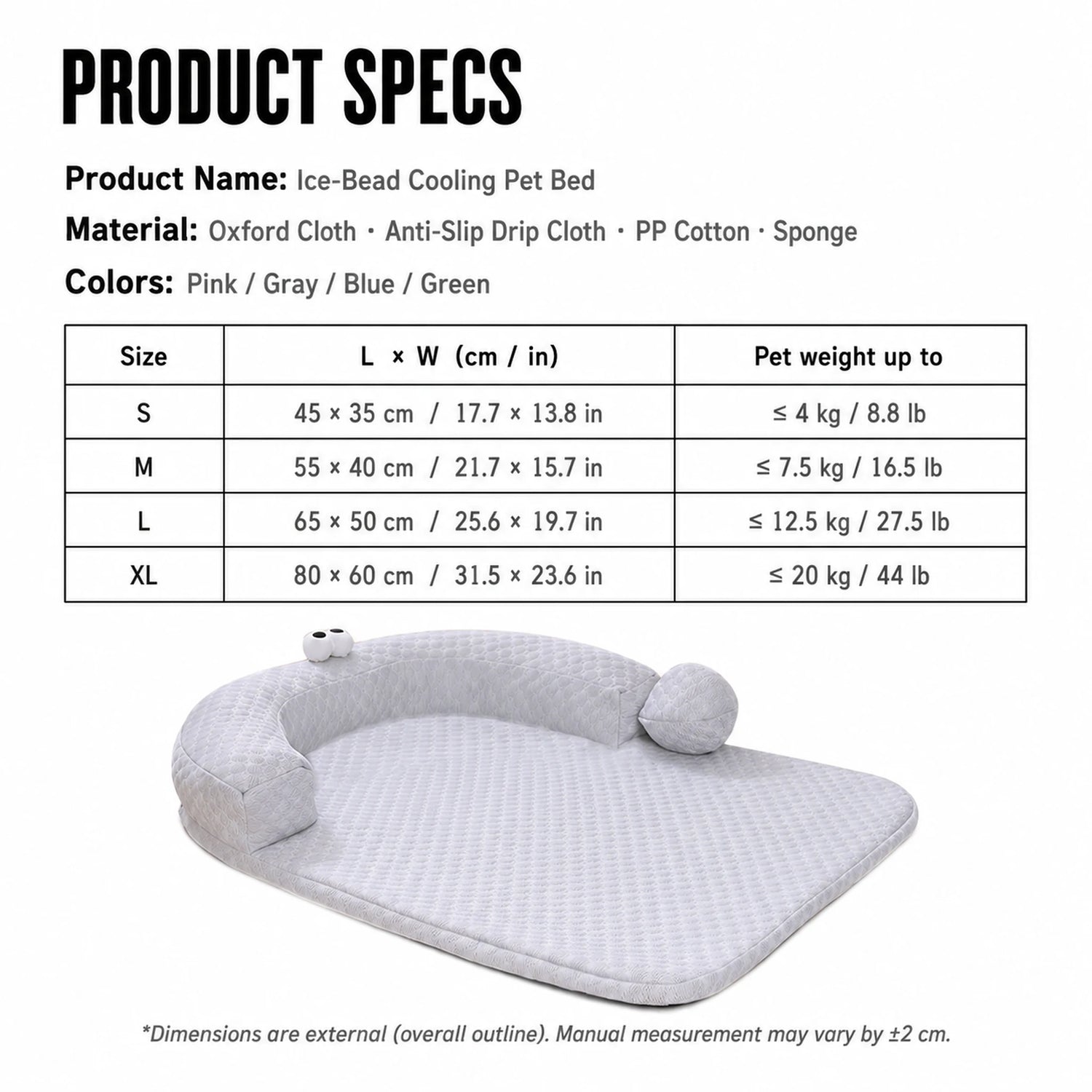 Product specs card with size table and pet weight chart for four sizes