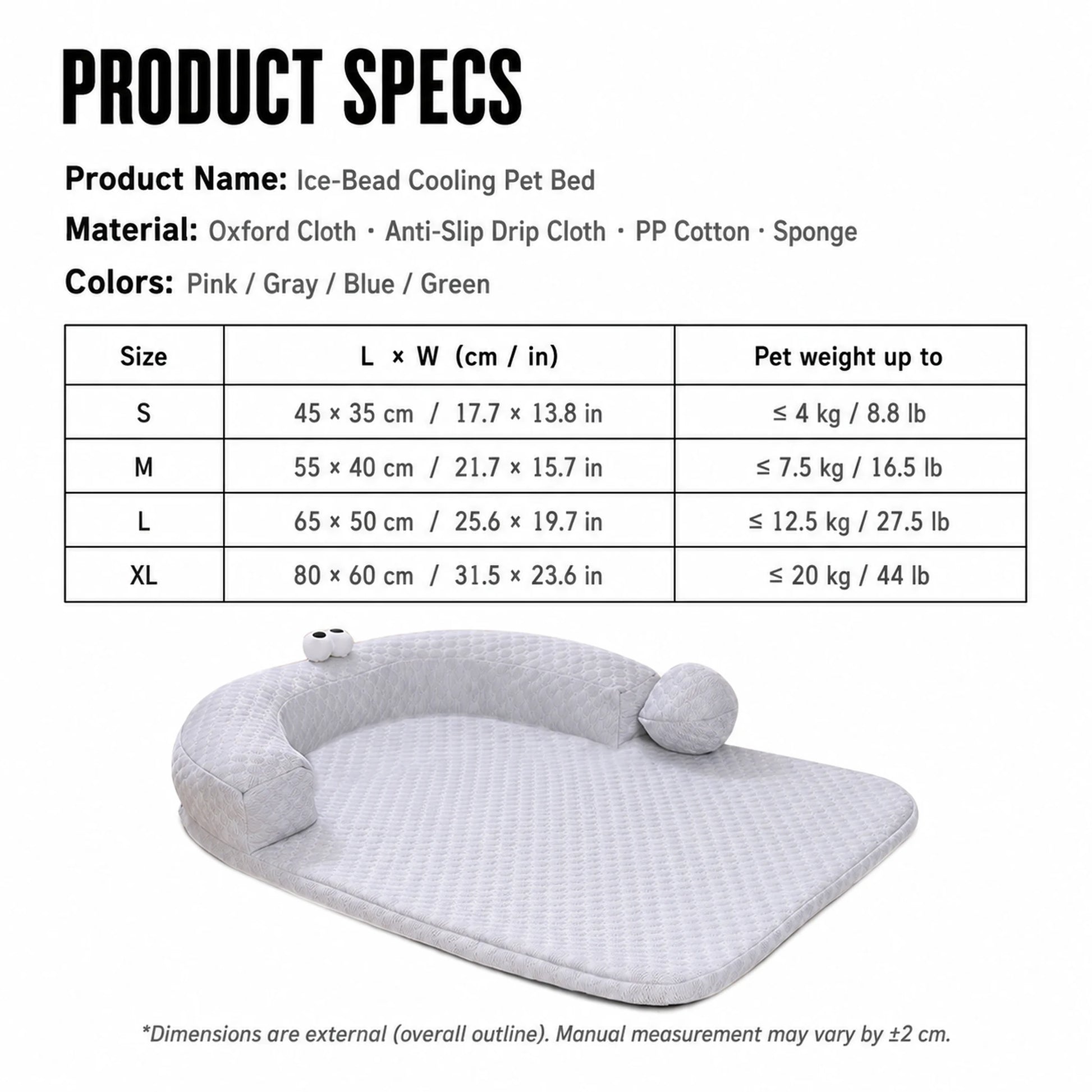 Product specs card with size table and pet weight chart for four sizes