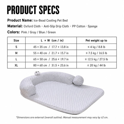 Product specs card with size table and pet weight chart for four sizes