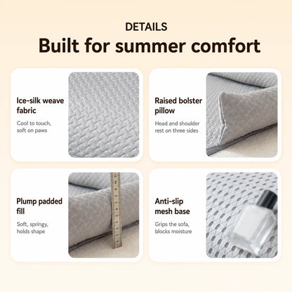 Four-panel detail callouts: ice-silk weave fabric, raised bolster, plump padded fill, anti-slip mesh base